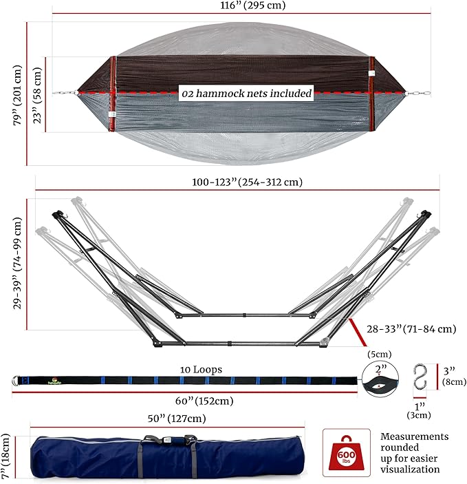 Tranquillo Universal Hammock with Stands Electro Static Coated Steel, Adjustable Foldable Hammock Stand with 2 Layered Polyester Net and Carry Bag for 2 Persons (Combo - Brown)
