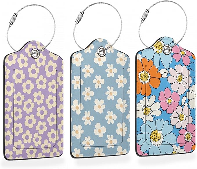 Retro Cream Daisies PU Leather Luggage Tags for Suitcase, Colorful Floral Travel Cruise 3 Pack with Privacy Flap, Name ID Label and Metal Loop for Women Men Girls Baggage Bag Backpack