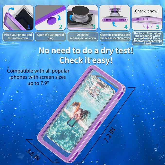 Premium Waterproof Phone Pouch with Lanyard,7.5'' Floating Waterproof Phone Case/Bag for Snorkeling IPX8/Underwater HD Photo/Touch Compatible with iPhone 16/15/14/13 Pro Max Samsungs-Purple