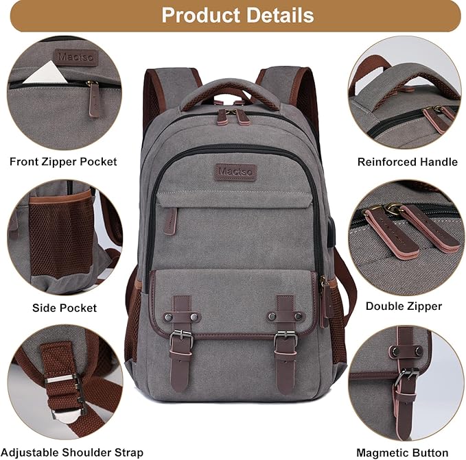 Mactso Canvas Travel Laptop Backpack for Men Women, Business Work Rucksack College Computer Bag Fits 17.3 Inch Notebook,Bookbag with USB Charging Port (Grey, 17.3 Inch)