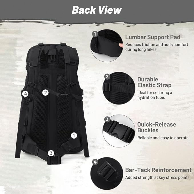 50L Tactical Backpack for Men and Women, Water-Resistant Molle Rucksack, Large Military Assault Pack for Hiking, Hunting, Camping, Gym & Outdoor Survival Black