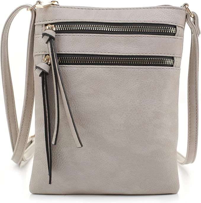 DELUXITY | Crossbody Purse Bag | Functional Multi Pocket Double Zipper Purse | Adjustable Strap | Medium Size Purse | Grey