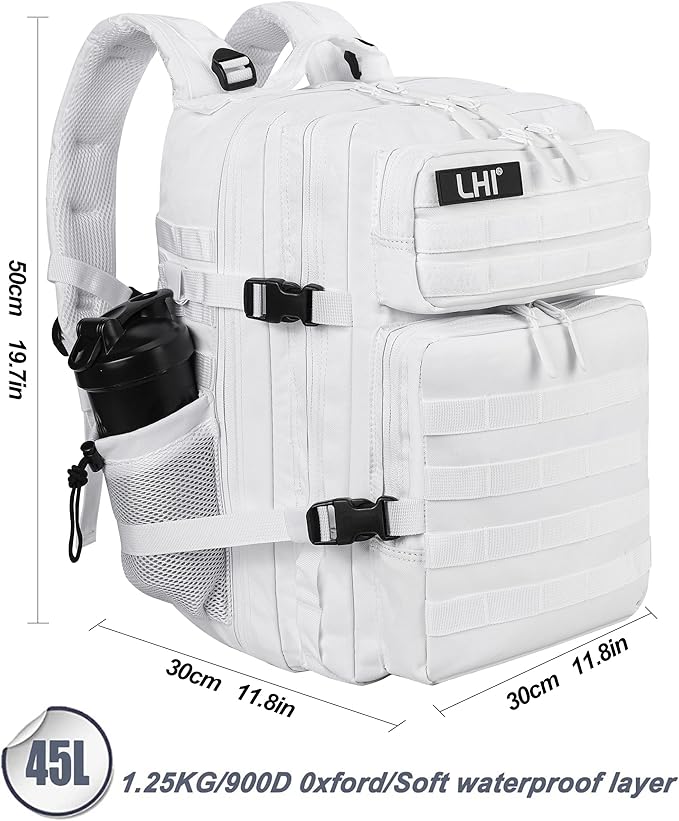 LHI Military Tactical Backpack for Men and Women 45L Army 3 Days Assault Pack Bag Large Rucksack with Molle System - White