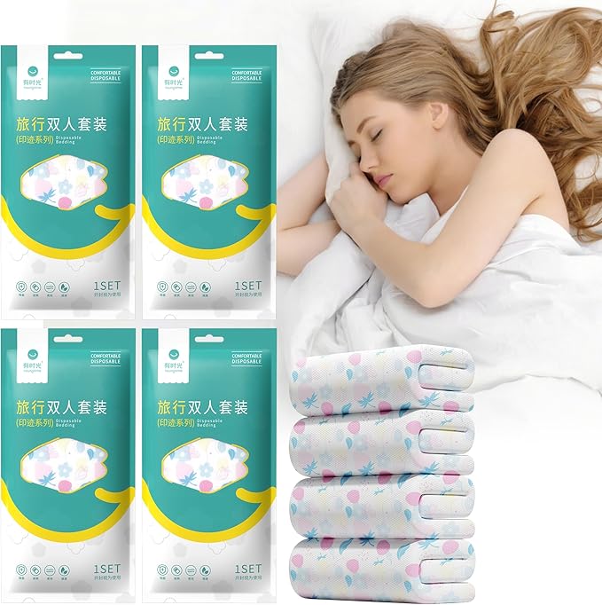YOUNGTIME Disposable Sheets for Travel,Portable Bedspread Disposable Bedding Set with 4 Bed Sheets 4 Quilt Cover and 8 Pillowcases for Hotel & Trips,Strawberry 4 Pack