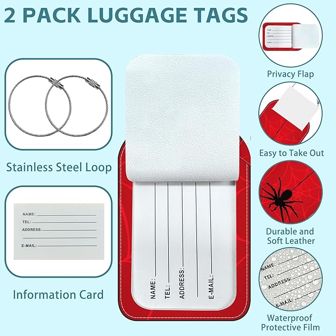 Spider on Spider Web Luggage Tag for Suitcase Set of 2 PU Leather Cute Luggage Tags with Stainless Metal Loop ID Label Privacy Flap Suitcase Tags for Women and Men Travel
