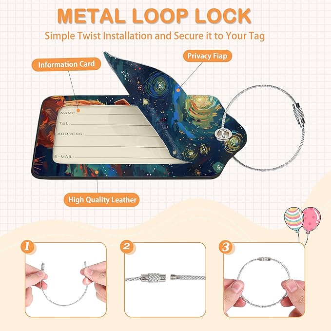 Starry Night Orange Cat 3 Pack PU Leahter Luggage Tag with Stainless Steel Loop, Galaxy Dog Under Stars Travel Suitcase Labels with Privacy Cover ID Label Quickly Spot for Bags