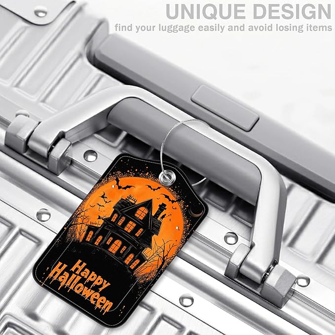 2 Pack Bat and Ghost Luggage Tags for Suitcases Happy Halloween Castle Leather Luggage Tags Privacy Cover ID Label with Stainless Steel Loop and Address Card for Women Men Travel Bag Backpack