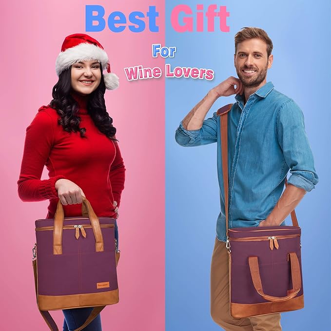 Tirrinia Insulated Wine Gift carrier - 3 Bottle Travel Padded Wine Carry Cooler Tote Bag with Handle and Adjustable Shoulder Strap, Purple