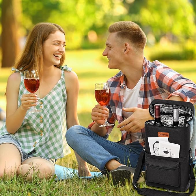 Insulated Wine Carrier Bag for 2 Bottles with Padded Shoulder Strap