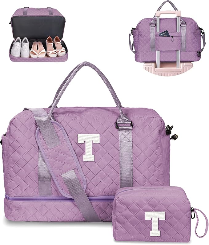 Women Gifts-Duffle Bags with Shoe Compartment, Personalized Weekender Bag, Overnight Bag, Tween Travel Bag with Makeup Bag，Birthday Gift Graduate Gifts for Her (Letter T)