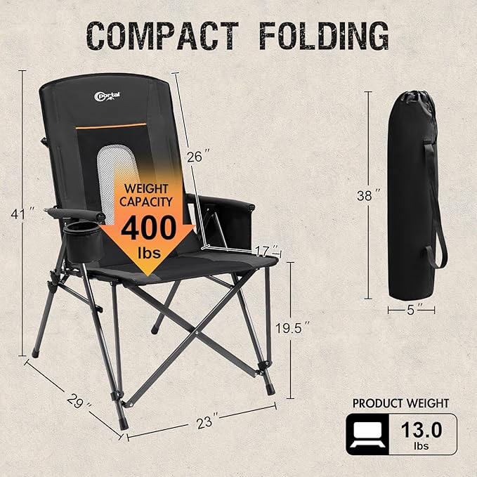 PORTAL Oversized Folding Camping Chair High Back Portable Lawn Chairs for Adults Outdoor Sports with Hard Armrest Cup Holder，Supports 400LBS Black