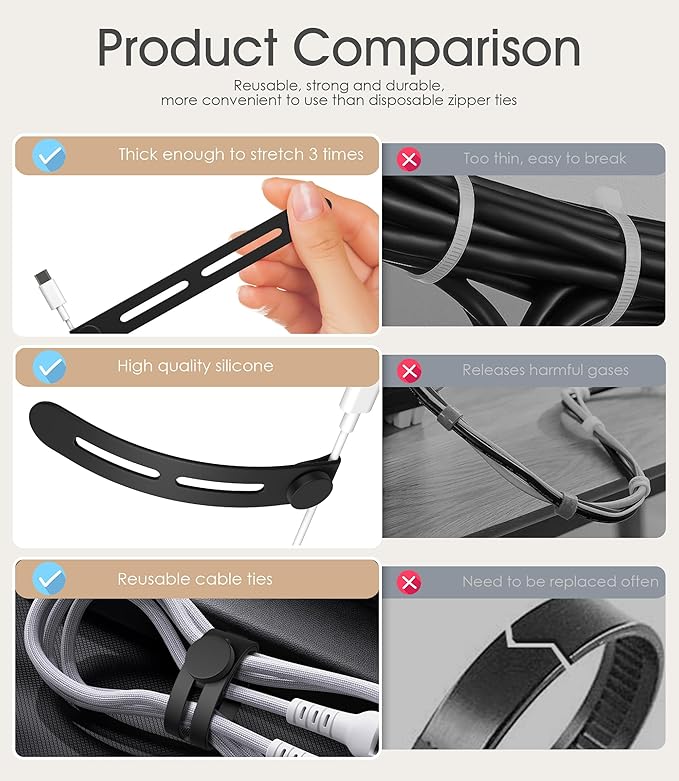 40Pcs Nearockle Reusable Cable Ties, Adjustable Silicone Cord Organizer Small Zip Ties for Charging Cords Earphone Computer Wire, Office Desk Cable Management Travel Accessories(Black)