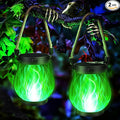 Halloween Solar Flame Lantern Hanging Outdoor Waterproof Purple - 2 Pack Flame Lanterns with Dual Charging Modes of Solar & USB for Garden or Yard Halloween Decorations (Green - 2 Pack)