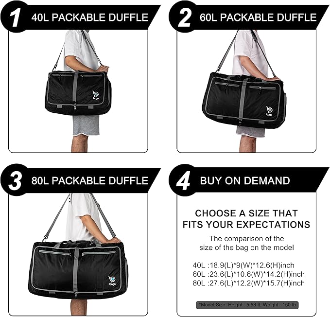 Bago Foldable Duffel Bags for Traveling Women & Men - 40L Sports Packable Duffle Bag for Travel with Shoe Compartment - Water Repellant, Heavy Duty, Lightweight Folding & Collapsible (Blue)