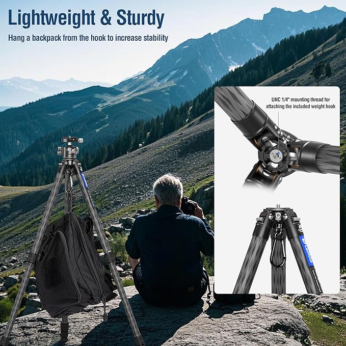 Carbon Fiber Lightweight Travel Tripod, 68" Professional Video Tripod for Mirrorless Camera/DSLR with Carry Bag, Max Load 33.07lb