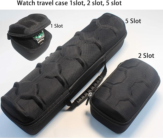 Hard single watch travel case, men's sports watch organizer box with flexible watch pillow (Black, 1 slot red lining)