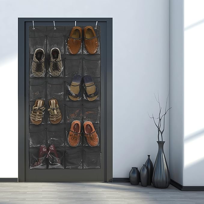 Simple Houseware 24 Pockets Large Clear Pockets Over The Door Hanging Shoe Organizer, Dark Gray (56" x 22.5")