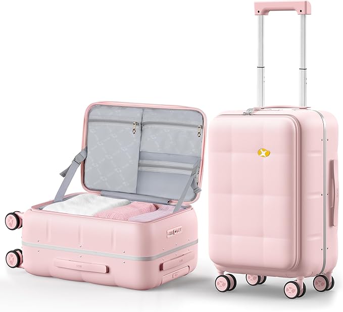 MGB 20 Inch Top Open Carry On Luggage 22x14x9 Airline Approved, 100% PC Hard Shell Carry On Suitcase with Spinner Wheels, Front Opening Travel Luggage for Women Men Gifts. Pink