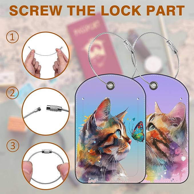 2 Pack PU Luggage Tags for Suitcase, Watercolor Cat and Butterfly Suitcase Tag Leather ID Label Bag Tags with Privacy Cover and Metal Loop for Men Women Travel Bag