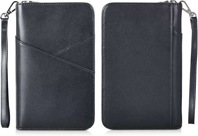 Polare Napa Leather Passport Holder With YKK Zipper RFID Blocking Travel Document Organizer Ticket Holder Cover Case Holds 2 Passports (Black)