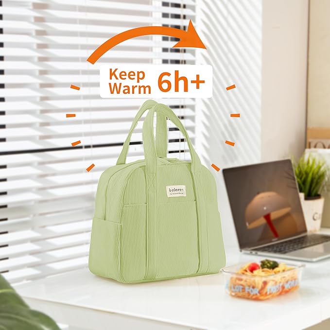 Insulated Lunch Bag for Women, 6-Hour Cold Retention Cooler Tote with Sturdy Handle, 15-Can Spacious Capacity, Leakproof Corduroy Fabric & Aluminum Foil Lining, (Green)