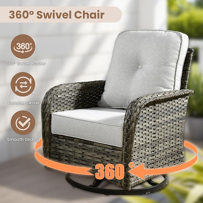 HOOOWOOO Patio Furniture Set,3 Pieces Outdoor Conversation Set,All Weather Wicker High Back Swivel Chairs Bistro Set with Side Table,Light Gray