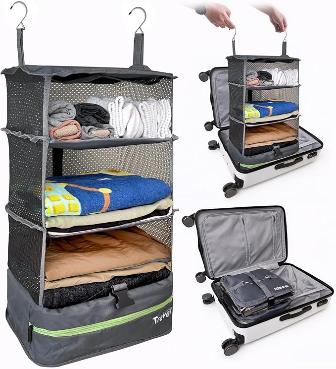 Grand Fusion Stow-N-Go Travel Luggage Organizer – Portable Hanging Travel Shelves, Carry-On Closet Organizer, Hanging Packing Cubes, Collapsible Carry-On Organizer for Cruises & Hotels. Dark Gray - L