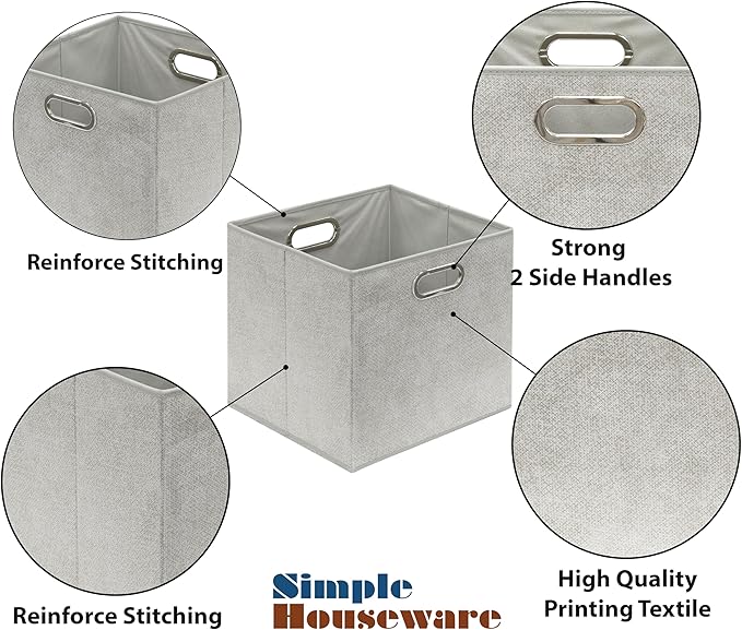 SIMPLE HOUSEWARE 13-Inch Collapsible Fabric Cube Storage Bin with Handles, Printed Design, 3 Pack, Gray