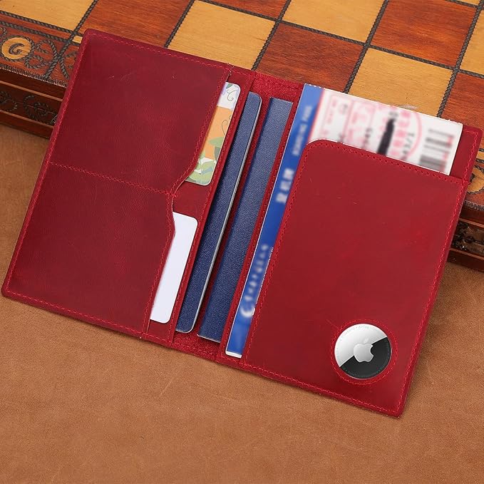 STAR VISTA Albatross Leather Travel Passport Holder, Minimalist Design, Full Grain Leather Case for Women and Men - Slim Passport Wallet, Bifold, RFID Blocking, with AirTag Holder, Crimson Red