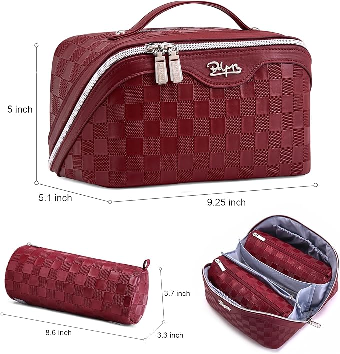 Travel Makeup Bag Organizer Cosmetic Bag: 3 Pcs Set Make up Bags for Women with Handle - Waterproof Vegan Leather Toiletry Bags with Comparments (C-11-Red)