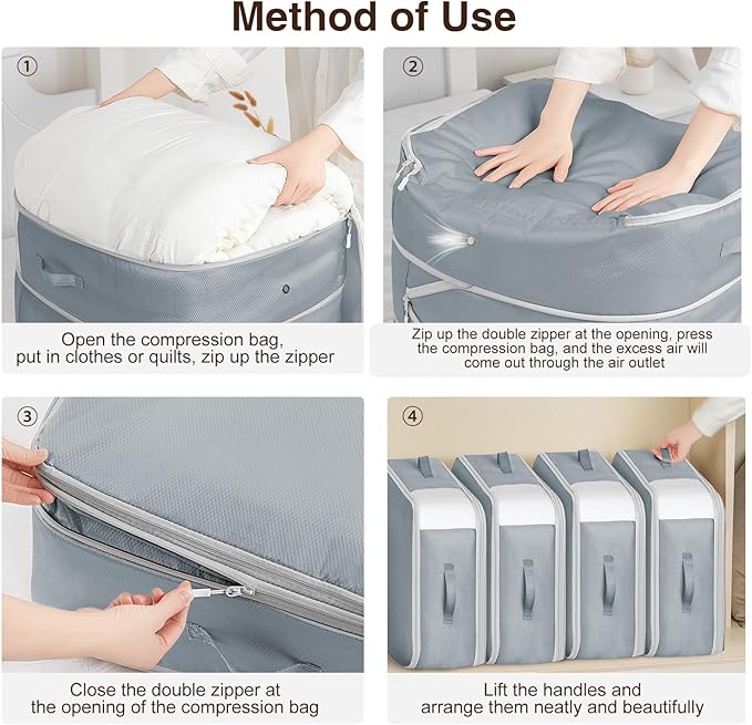 4 Pack Compression Storage Bags - 110L Large Capacity Comforter Storage Bag, 3-Layer Washable Ultra Space Saving Self Compression Organizer Space Bags for Blanket, Sweater, Sheet, Light Gray