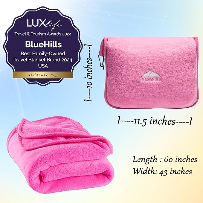 BlueHills Premium Soft Travel Blanket Pillow Airplane Blanket Packed in Soft Bag Pillowcase with Hand Luggage Belt and Backpack Clip, Compact Pack Large 2 in 1 Combo for Any Travel (Pink T004)