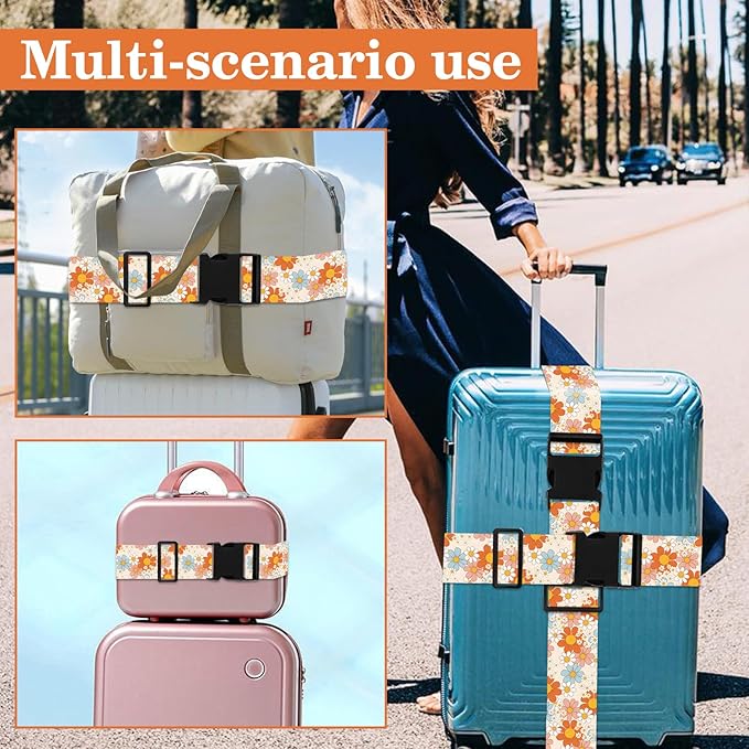 Daisy Luggage Straps for Suitcases TSA Approved, Luggage Identifiers for Suitcase, Adjustable Suitcase Strap for Baggage Security with Cute Patten, Travel Necessary Accessories (2 Pack)