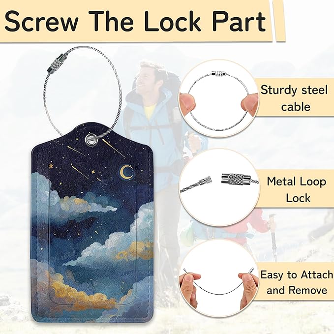 Starry Night Luggage Tags for Suitcase,3 Pack Luggage Tag Leather Privacy Cover ID Label with Stainless Steel Loop for Women Men
