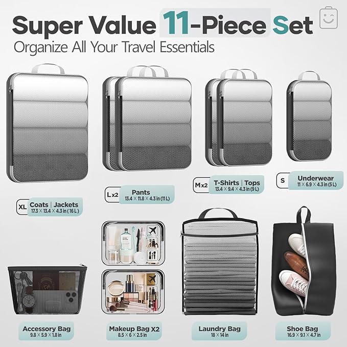 Veken 11 Set Compression Packing Cubes for Travel Essentials,Compressible Expandable Large Luggage Suitcase Organizer Bags for Clothing,Durable Space Saver Storage Bags with Toiletry Bags(Black)