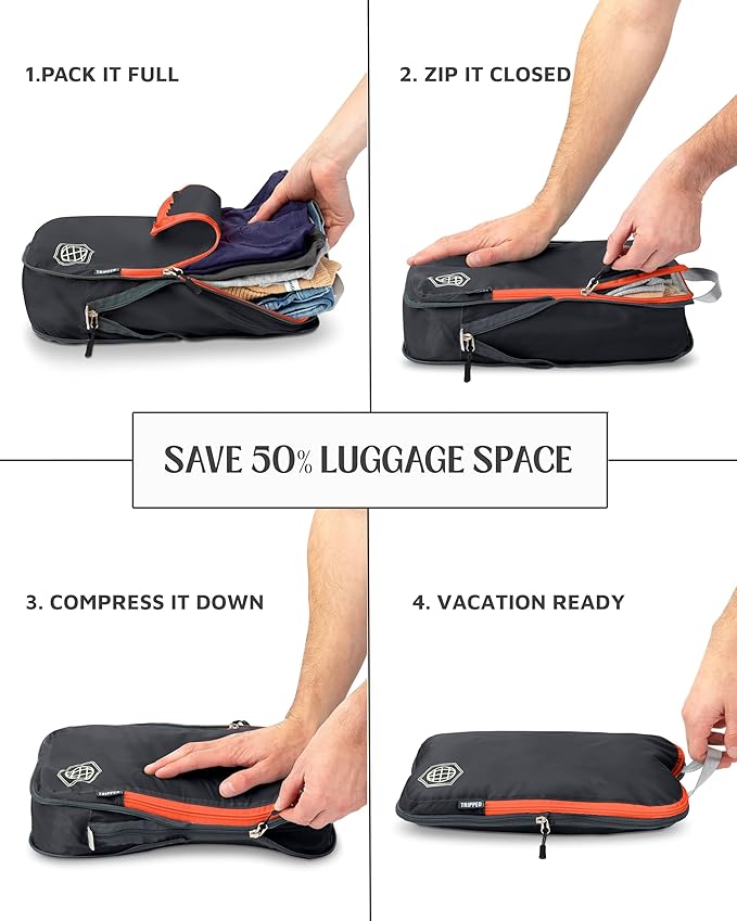 Large Compression Packing Cubes 6 Piece Set for Travel with Lightweight Laundry Bag/Drawstring Backpack for Carry-On Suitcase (Grey/Orange)