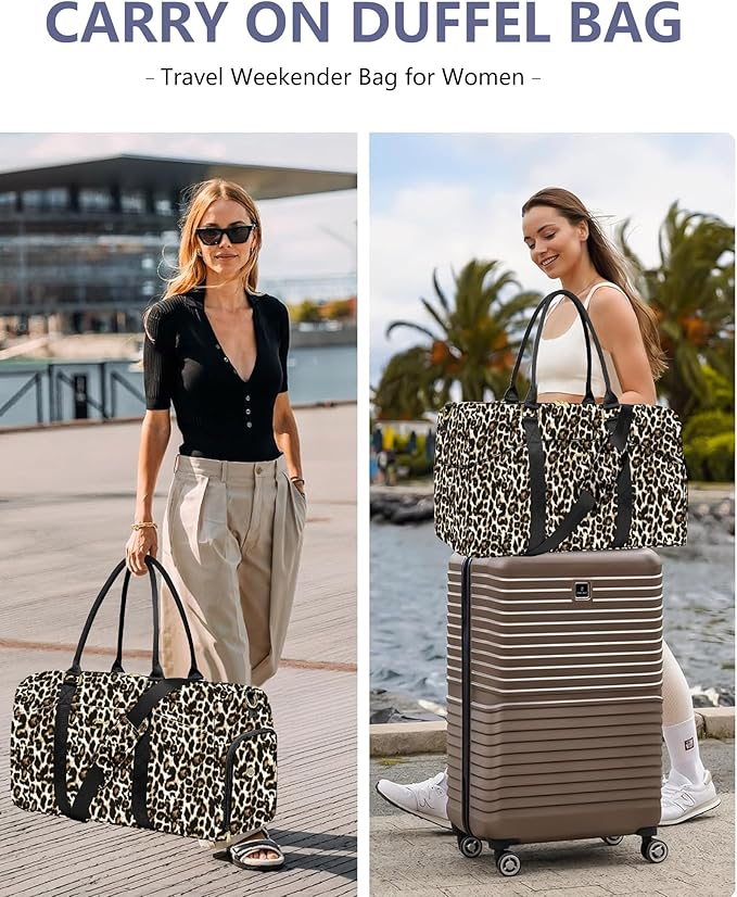 Women Duffle Weekender Travel Bag: Large Duffel Bags with Shoe Compartment Carry On Overnight Tote Bag with Wet Pocket Toiletry Bag Traveling Weekend Gym Yoga Hospital Bags for Womens Brown Leopard