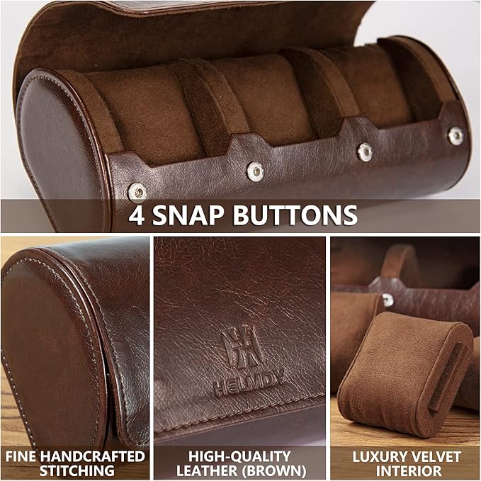 Watch Roll Travel Case: 3 Slot Watch Box Organizer for Men - Watch Storage and Display Case - Watch accessory Fits All Wrist Watches & Smart Watches Up to 50mm (Dark Brown)