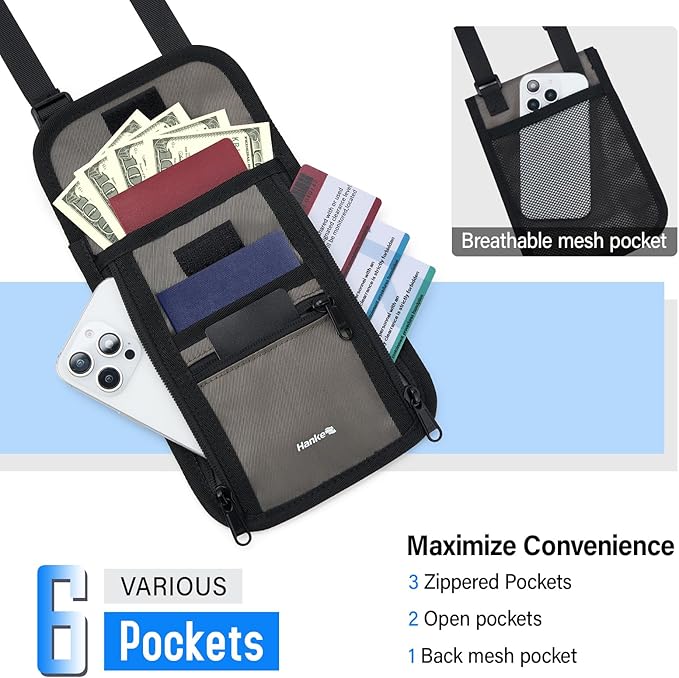 Hanke Passport Holder, Travel Wallet for Womens and Men, Neck Wallet Hidden Passport Pouch for Travel Adjustable Lightweight Thin with 6 compartments (Dark Grey)