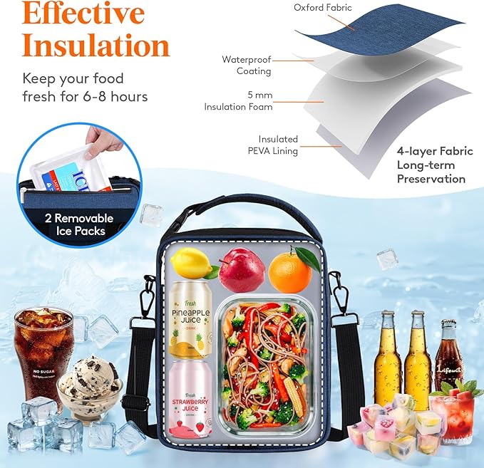 Lifewit Insulated Lunch Box for Men, Expandable Cooler Bag, Freezable Lunch Bag for Women with 2 Ice Packs and Shoulder Straps for Work Travel College, 8.2L Blue