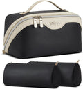 BOYATU Travel Makeup Bag Organizer Cosmetic Bag: 3 Pcs Set Make up Bags for Women with Handle - Waterproof Vegan Leather Toiletry Bags with Comparments (D-03-Black)