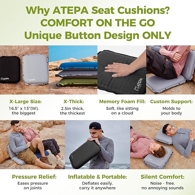 ATEPA Inflatable Stadium Seat Cushion, Self-Inflating Memory Foam Stadium Seats Bleacher Seat Chair Cushion Pad for Airplane Travel Backpacking Sports Events