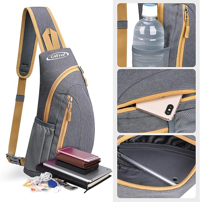 G4Free Sling Bag for Men Women, Small Crossbody Backpack Lightweight Chest Shoulder Bags for Travel, Outdoor and Sports (Grey Yellow)