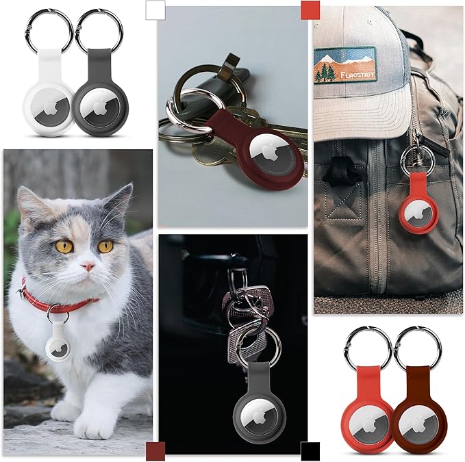 Apple AirTag 4 Pack Shockproof, Dustproof & Washable Cases, Silicon Holders with Accessories for Wallets, Luggage, Pet Collars, Key Finders (White - Gray - Orange - Maroon)
