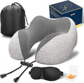 MLVOC Travel Pillow 100% Pure Memory Foam Neck Pillow, Comfortable & Breathable Cover, Machine Washable, Airplane Travel Kit with 3D Sleep Mask, Earplugs, and Luxury Bag,Standard (Grey)