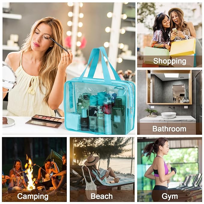 APREUTY Clear Makeup Bags, TSA Approved 6 Pcs Cosmetic Makeup Bags Set Clear PVC with Zipper Handle Portable Travel Luggage Pouch Airport Airline Vacation Organization(Light Blue)