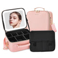 Travel Makeup Bag Cosmetic Organizer Bag with Lighted Mirror, Waterproof Makeup Bag with Light Up Mirror, Travel Makeup Case for Cosmetic Brush Holder Storage, Large Toiletry Bag Women Gift