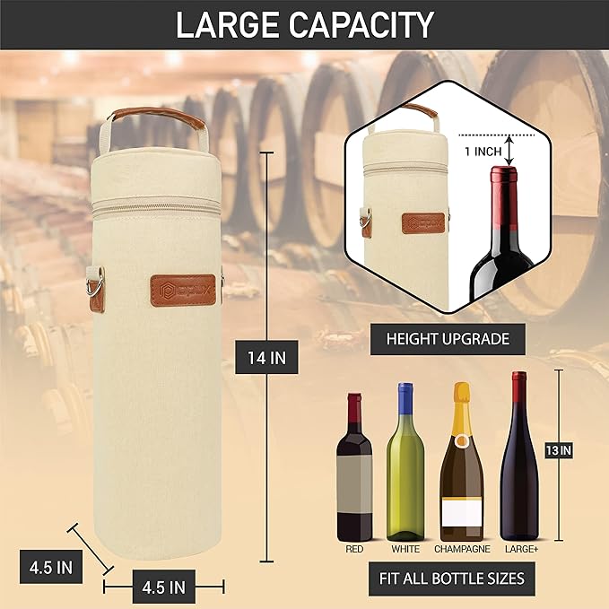 opux Wine Bag Single Bottle Carrier Tote, Insulated Wine Cooler Bag for Travel Picnic Beach with Shoulder Strap, Thermal One Bottle Holder Carrying Case Wine Gift for Women Men, Beige Cream
