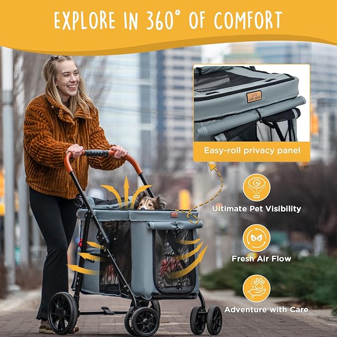 Scout Pet Stroller, 4-Wheel Design for Small/Medium Dogs - One-Button Fold, Adjustable Mesh Windows & Shades, 360° Swivel Front Wheels, Rear Wheel Brake for Safety