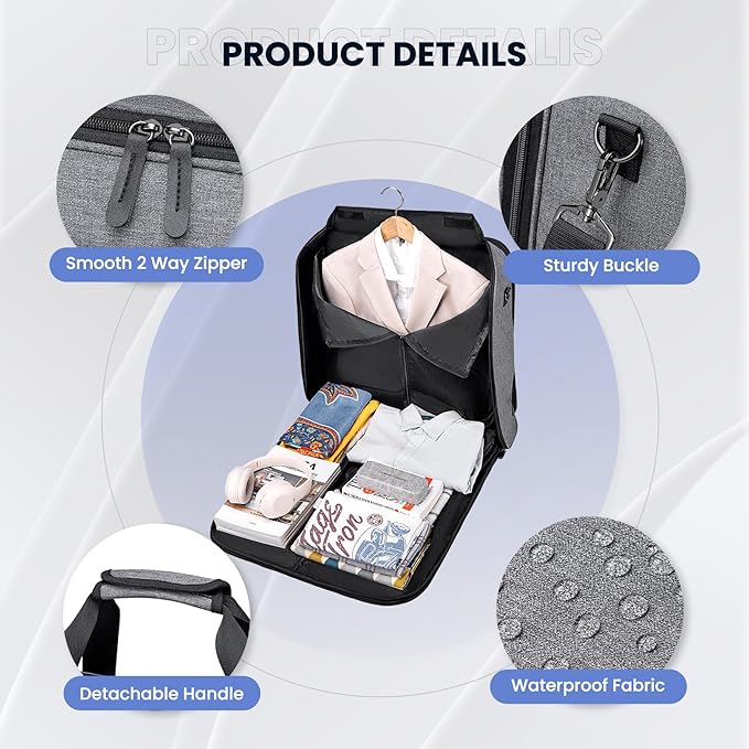 Garment Bags for Travel, Double Layered Carry on Garment Bag with Shoulder Strap, Foldable Suit Travel Bags for Men, Wrinkle Free Garment Travel Bag for Hanging Clothes, Dark Grey